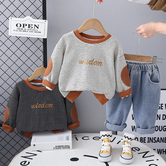 Boys' Stylish New 2025 Baby Spring Outfit Children's Clothing Striped Embroidered English Two-Piece Set
