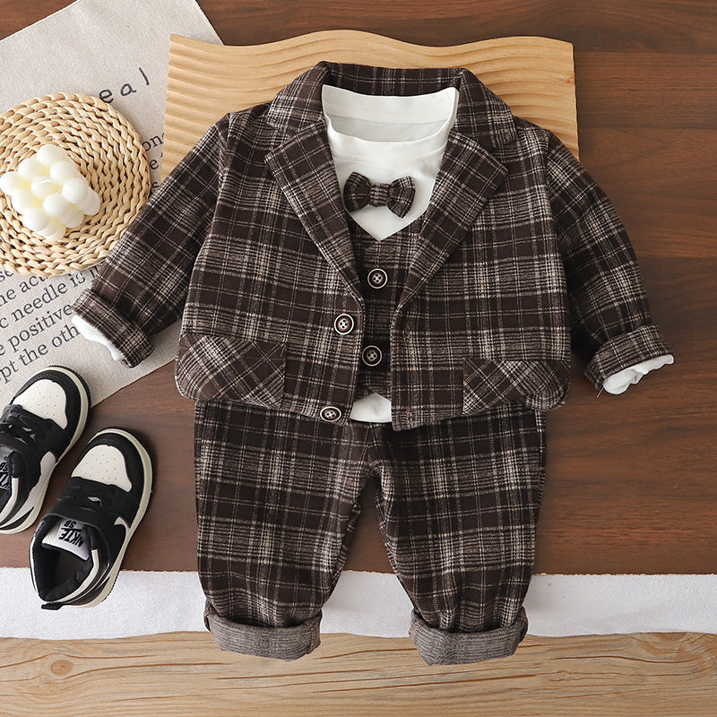 Baby Boy Spring and Autumn Stylish 3-Piece Children's Clothing Set: Infant Plaid Vest Suit for 1-Year-Old Boys