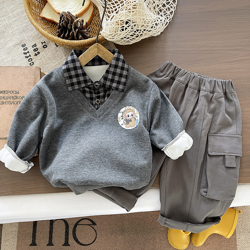 Outfit 2026 New Children's Sweatshirt Boys' Spring and Autumn Sporty Stylish Plaid Fake Three-Piece Set Trendy