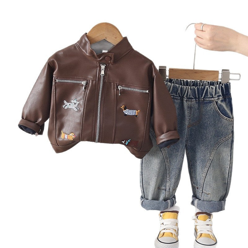 Boys' and Autumn Stand-Collar Leather Jacket Two-Piece Set, Stylish Children's Clothing for 1-Year-Old Boys, Trendy Spring Outfit