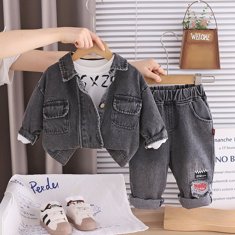 Baby Denim Double Pocket Three-Piece Set Korean Style Infant Stylish Boys Autumn Outfit Toddler 0-1-2-3 Years Old