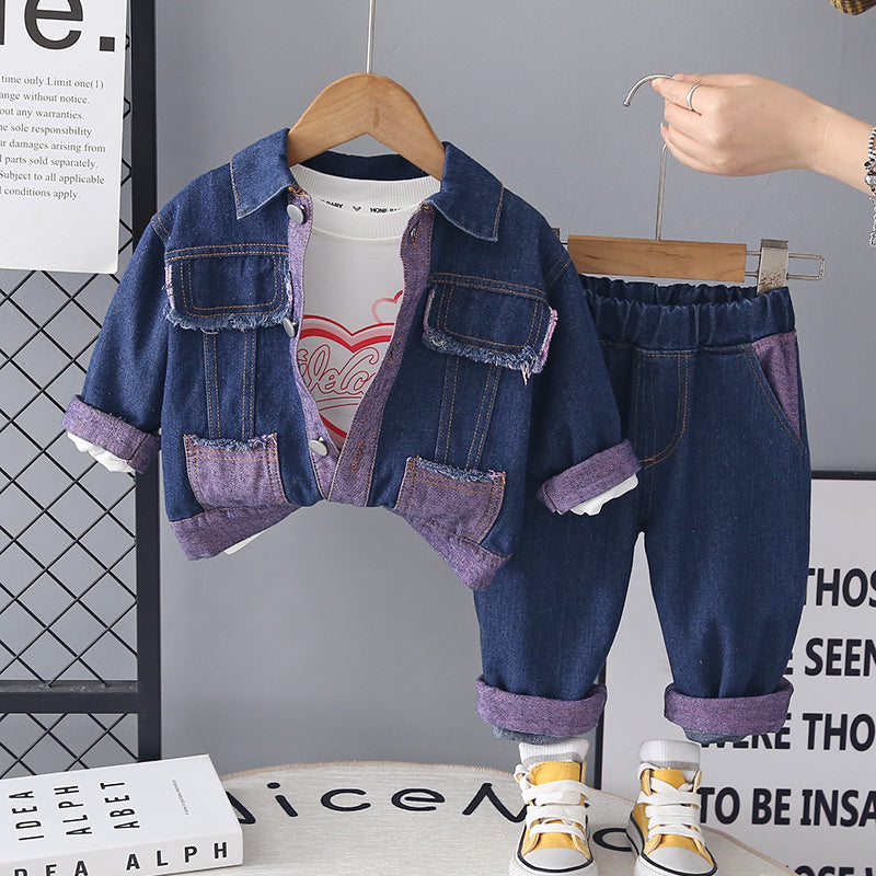 Girls' and Autumn Baby Outfit 2026 New Style Children's Square Pocket Denim Three-Piece Set Fashionable Spring Clothes Wholesale