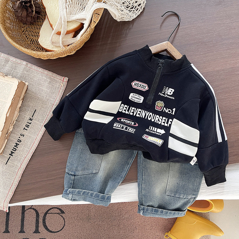 Boys' sports suit spring autumn, motorcycle-style half-zip sweatshirt, long-sleeve casual two-piece set, cool stylish autumn outfit for infants and toddlers