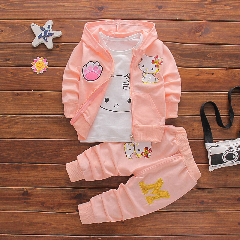 Children's clothing stylish outfit 2026, spring and autumn wear 2-3 year old little girls, long-sleeved cartoon three-piece set for toddlers 7