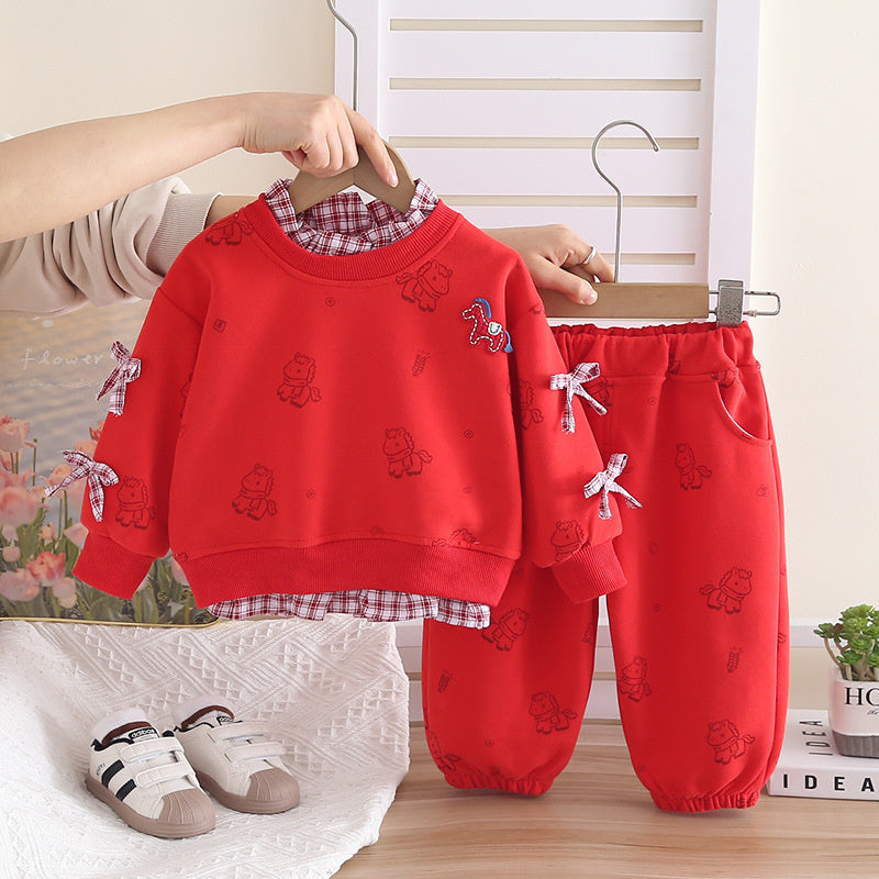 Girls' and Autumn 2026 New Stylish Children's Clothing Full Print Pony Sweatshirt Spring Outfit Baby Girl Long Sleeve Two-Piece Set