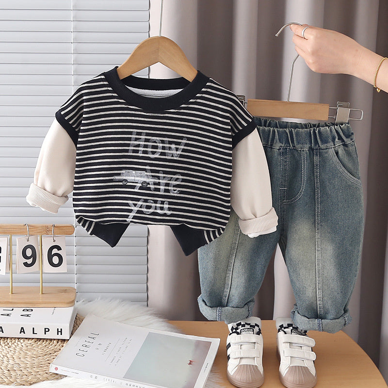 Boys' Outfit 2026 New Children's Striped Letter Casual Two-piece Set for Boys, Trendy Spring and Autumn Clothing