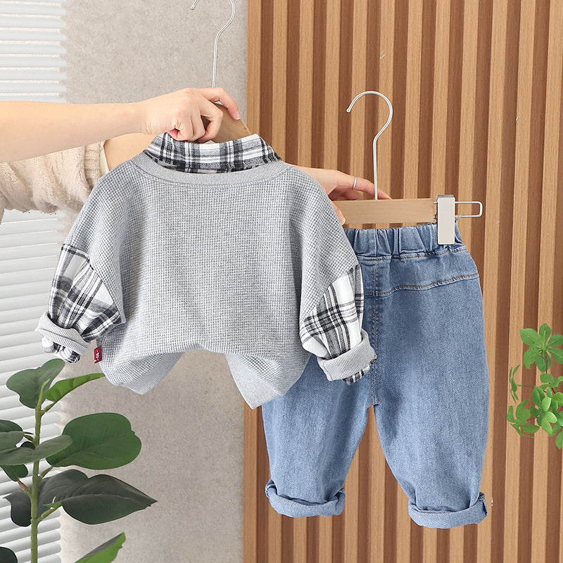 Suit 2025 Autumn Children's Plaid Fake Two-Piece Set Long Sleeve Spring New Boys' Baby One-Piece Dropshipping