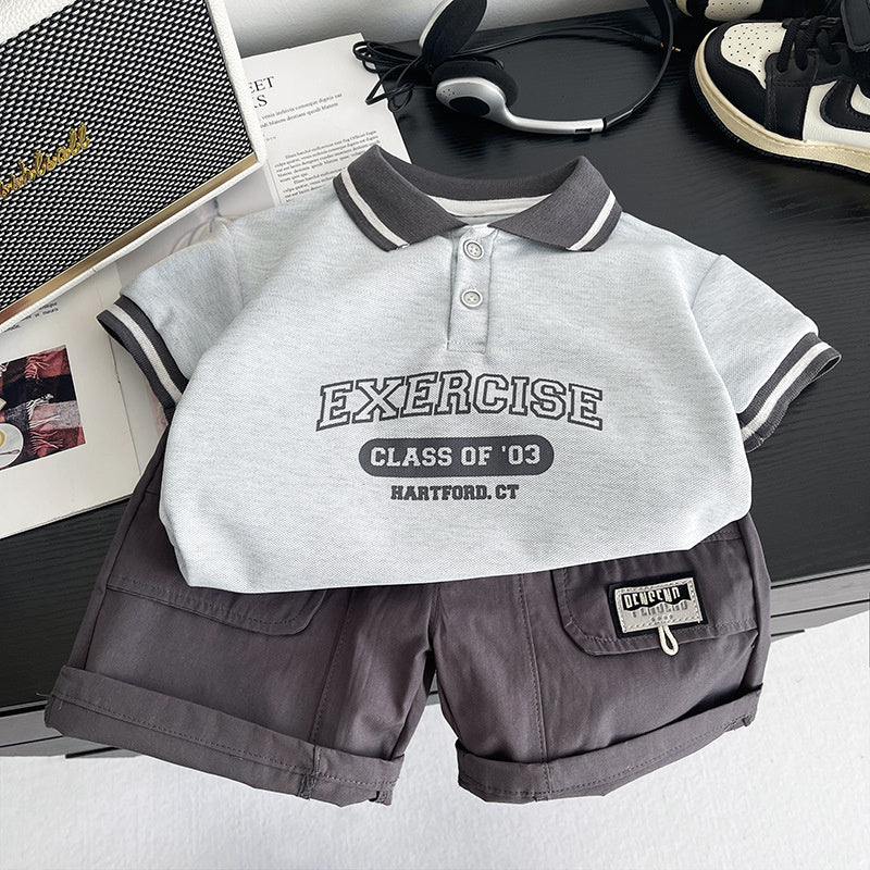 Children's clothing for boys, suit 2026 new model, baby outfit with letter print on the placket, short-sleeved boys' summer clothes, trendy
