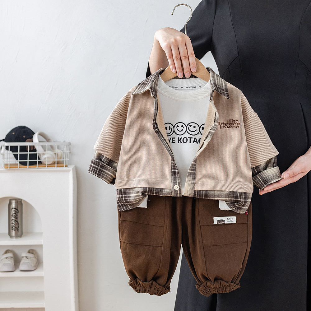Boys' Spring and Autumn Outfit 2026 New Children's Smiley Face Plaid Patchwork Three-Piece Set Casual Clothes for Boys