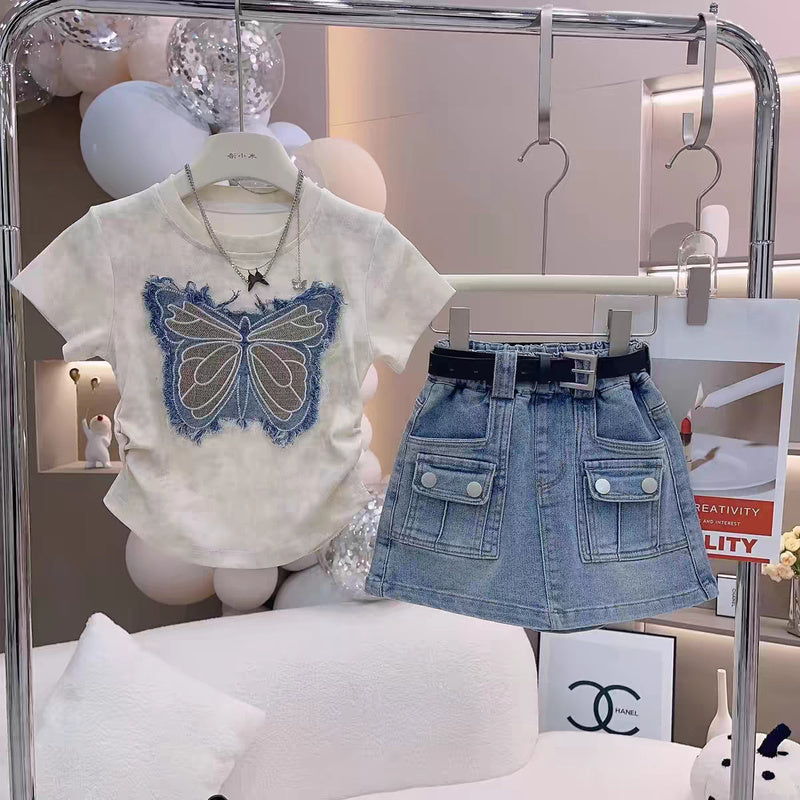 Girls' 2026 Summer New Children's Clothing Set with Unique Bow Embroidered Top and Denim Skirt