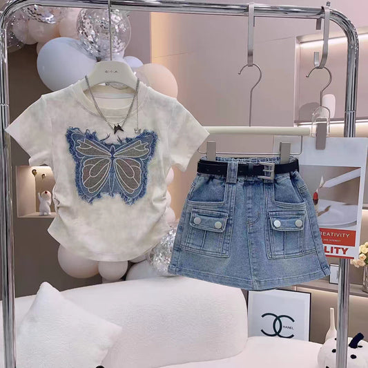 Girls' 2026 Summer New Children's Clothing Set with Unique Bow Embroidered Top and Denim Skirt