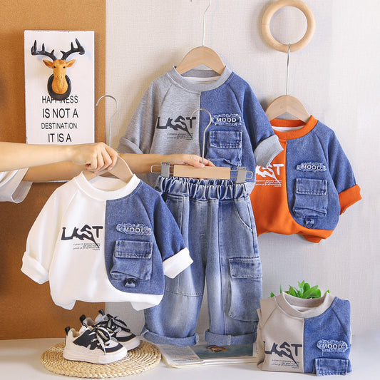 Boys' Outfit Set 2026 Casual Long Sleeve New Two-Piece Fashionable Baby Spring and Autumn Children's Patchwork Sweatshirt