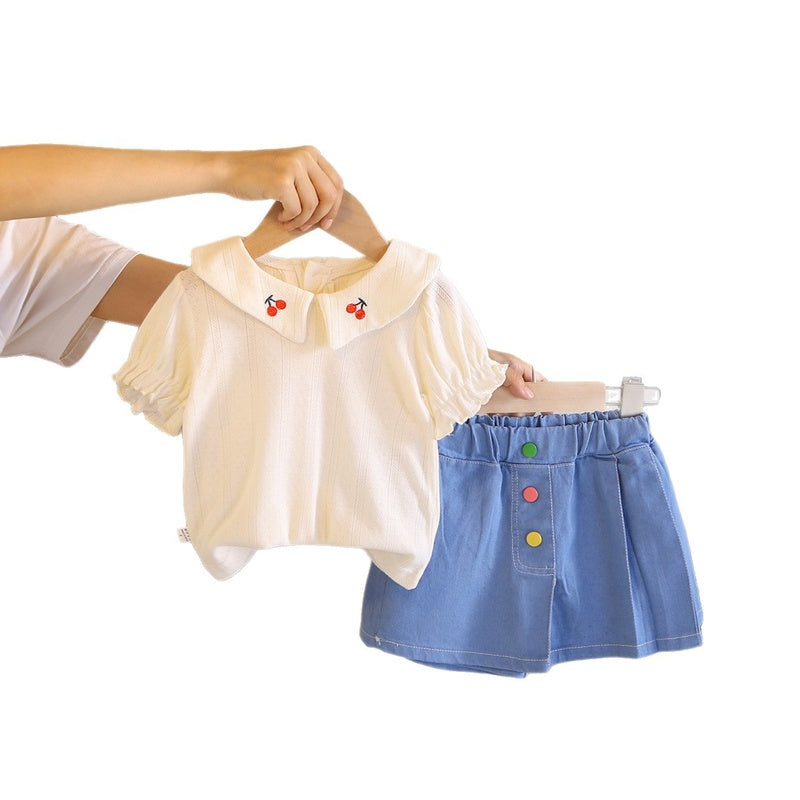 Girls' Summer Outfit 2026 New Fashionable Baby Collar Cherry Short Sleeve Shorts Two-Piece Set Children's Trendy Clothing