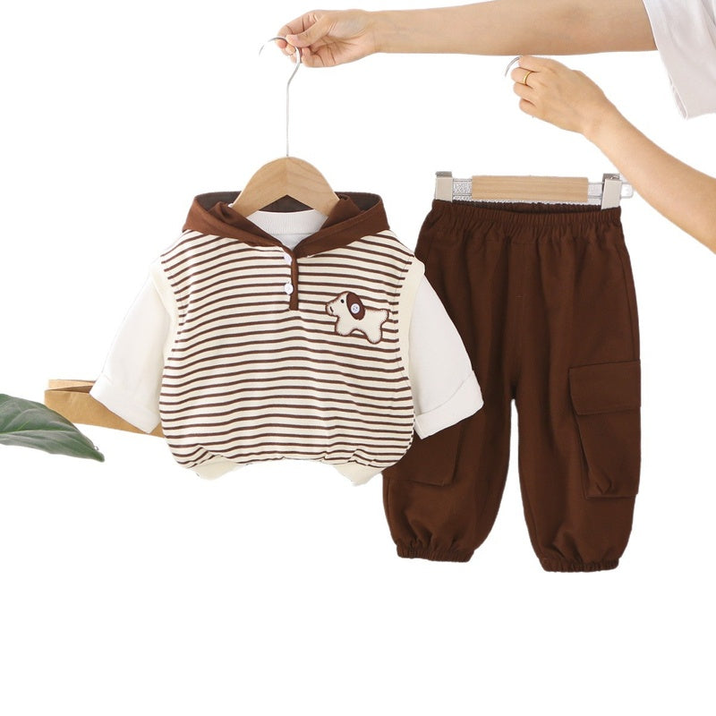 Boys' Suit for 2026 New Stylish Baby Clothes Spring and Autumn Striped Puppy Hoodie Three-Piece Set