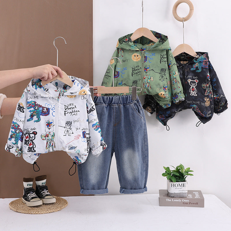 Children's clothing outfit new style baby boys' spring and autumn stylish graffiti bear jacket two-piece set