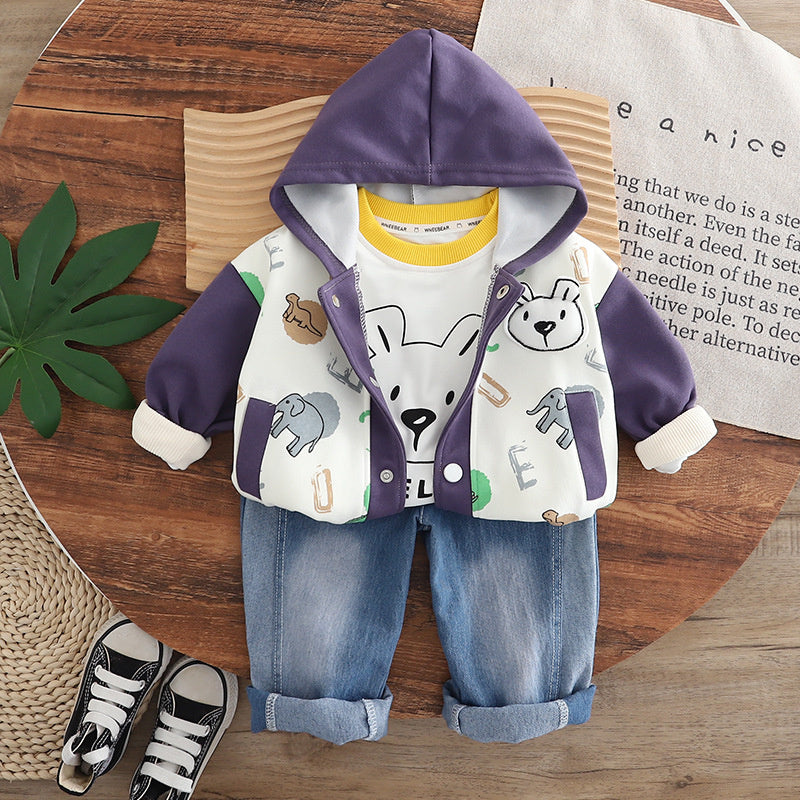 Boys' Stylish Spring and Set 2025 New Autumn Baby Full Print Animal Color Block Three-Piece Fashionable Toddler