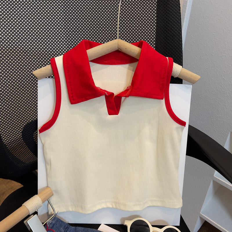 Cute Summer Two-Piece Set for Girls: Fashionable Collared Vest Top with Lace and Embroidered Jeans