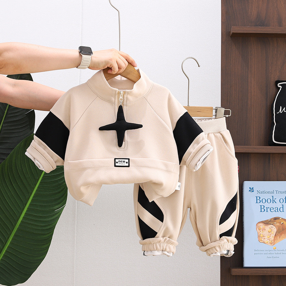 Boys' Outfit 2026 Spring and Autumn Clothes Infant Children's Half-Zip Star Sweatshirt Baby Two-Piece Trendy Set
