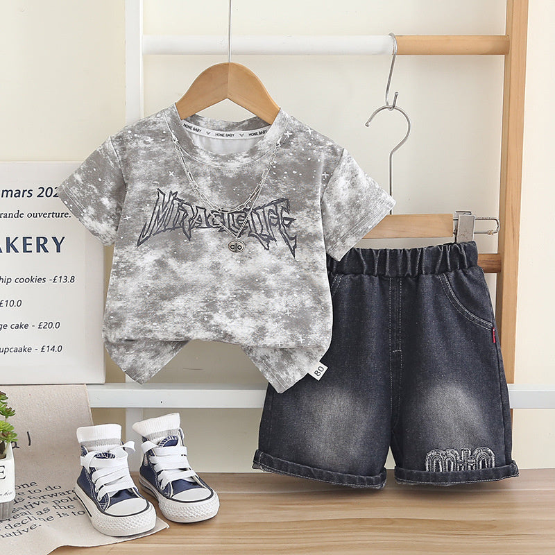 Boys' Outfit 2026 New Style Children's Summer Tie-Dye Necklace Short Sleeve Stylish Two-Piece Set Trendy Kids' Clothing