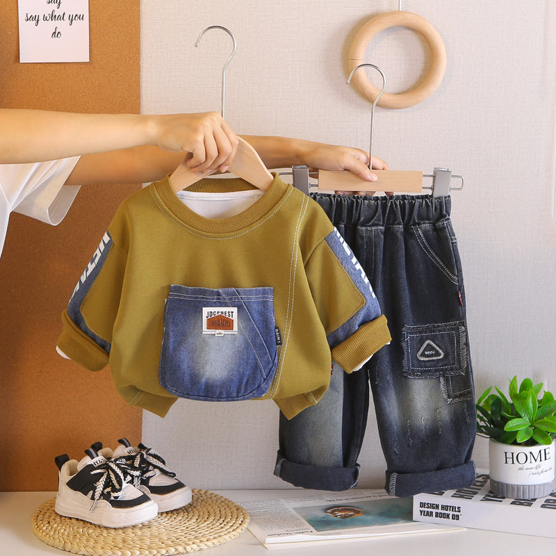 2026 New Spring Autumn Outfit Baby Boys: Denim Big Pocket Sweatshirt Set, Stylish Long-Sleeve Two-Piece Set for Infants and Children