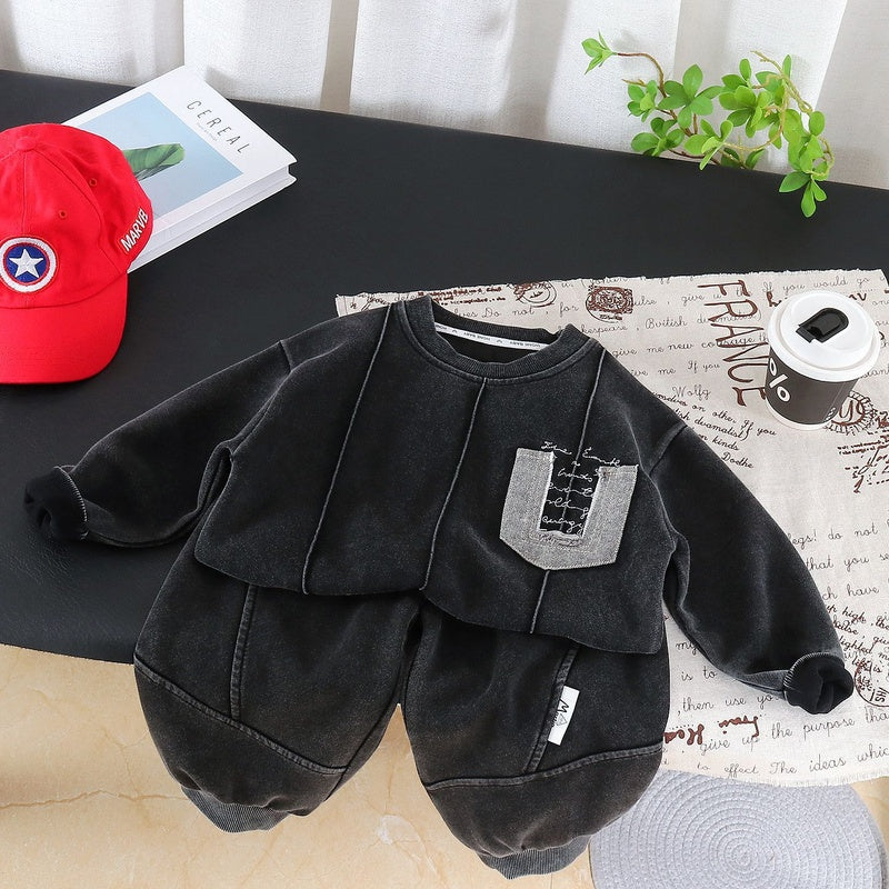Boys' Spring and Autumn Outfit New Fashionable Baby Children's Clothing Casual Long-Sleeve Solid Color Sweatshirt Two-Piece Set