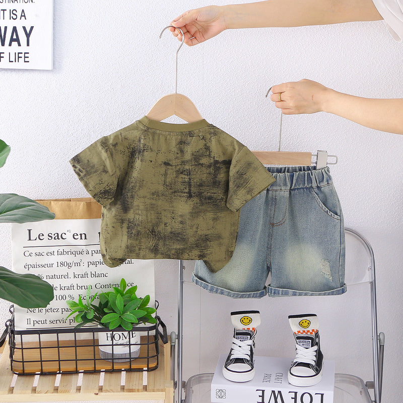 Boys' Outfit 2026 New Korean Style Cargo Pocket Round Neck Short Sleeve Children's Summer Casual Two-Piece Set