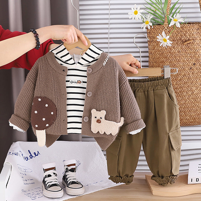 Boys' Outfit 2026 New Fashionable Patchwork Puppy Long Sleeve Sweater Three-Piece Set Baby, Stylish and Trendy for Spring