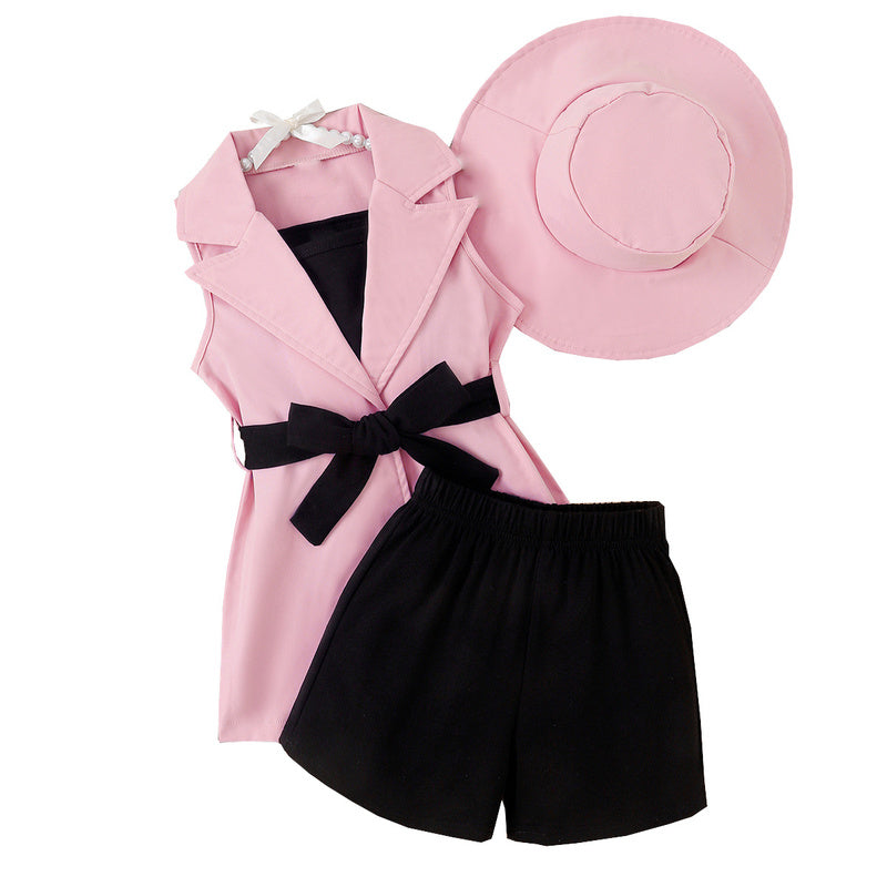 European American summer girls' outfit: four-piece set for young children including camisole, shorts, sleeveless blazer, and hat