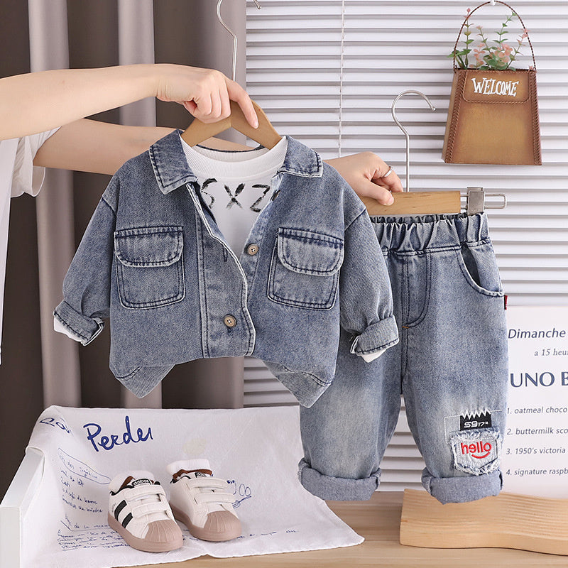 Baby Denim Double Pocket Three-Piece Set Korean Style Infant Stylish Boys Autumn Outfit Toddler 0-1-2-3 Years Old