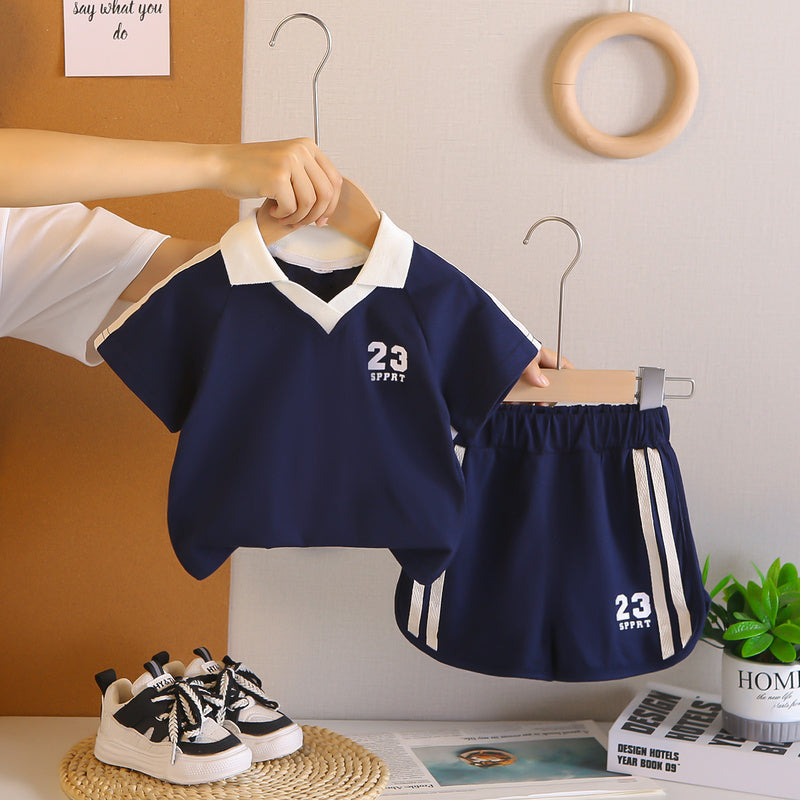 Boys' Summer Outfit 2026 New Korean Baby Suit with Turn-down Collar, College Style Short Sleeve, Stylish Casual Two-piece Set for Young Boys