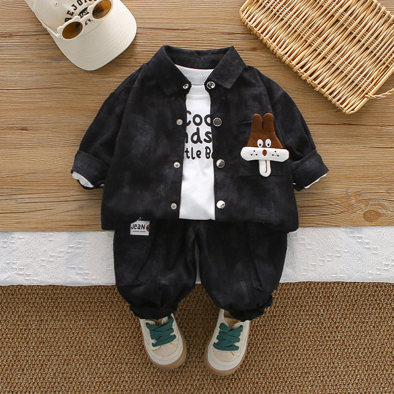Boys' Autumn Outfit New Fashionable Infant and Children's Clothing Stylish Baby Outerwear Spring Corduroy Shirt Three-Piece Set
