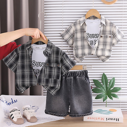 Children's clothing boys, suit 2026 new style, baby summer outfit, plaid short-sleeve shirt, stylish casual wear for boys