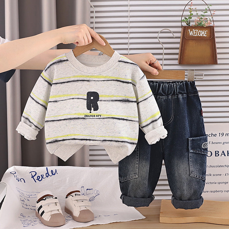 Boys' Spring Autumn Outfit 2026 New Fashionable Striped Sweatshirt and Korean Style Casual Denim Pants Two-Piece Set for Kids