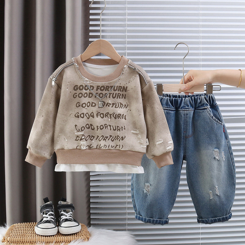Boys' Spring and Autumn Sweatshirt 2026 New Fashionable Baby Fall Outfit with Full Letter Print on the Chest, Two-Piece Stylish Set