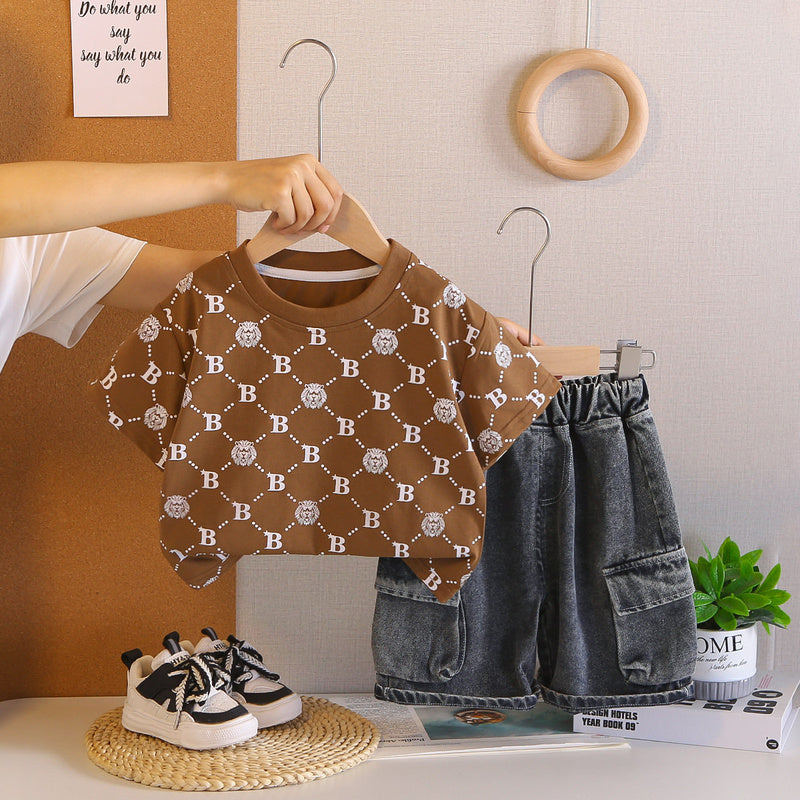 Boys' Outfit 2026 New Stylish Round Neck Lion Children's Short Sleeve Two-Piece Set Baby Summer Clothes