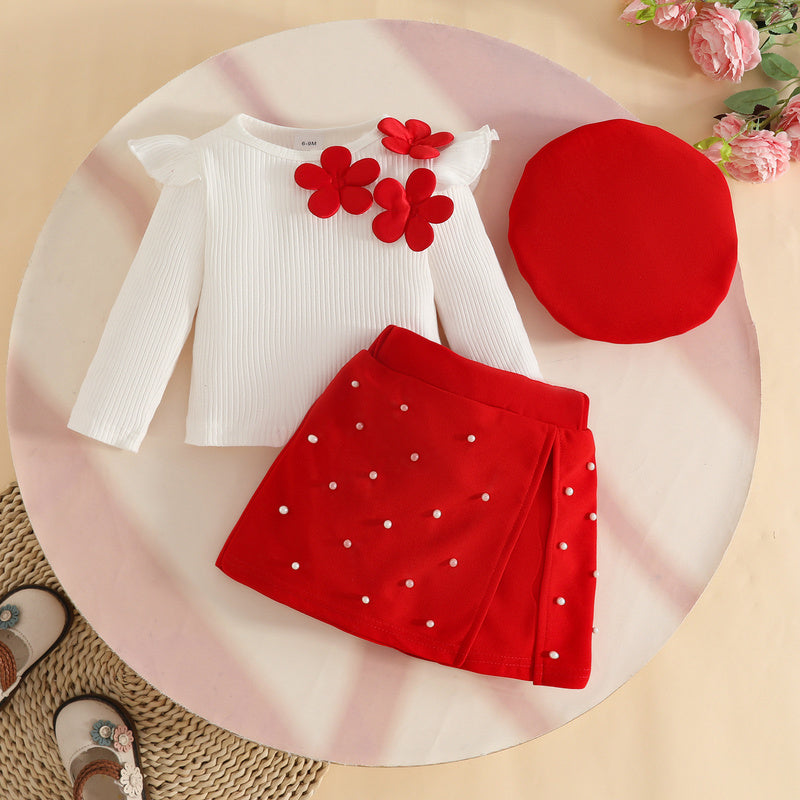 European and American Baby Sweet Girl Fashion Beret Embroidered Ribbed Top + Beaded Shorts Set Autumn Winter Skirt Pants