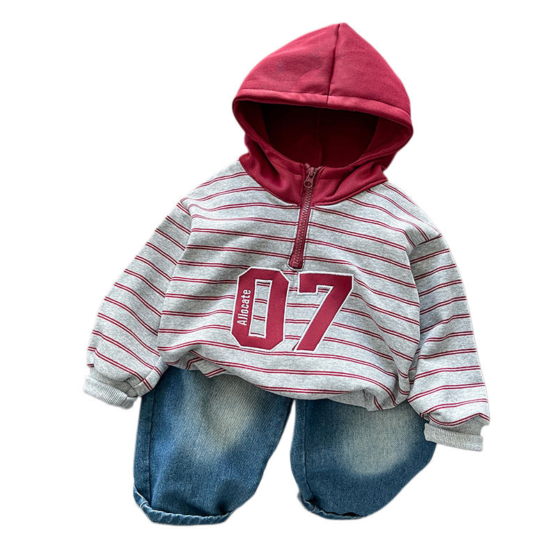 Outfit Set 2026 New Fashionable Toddler Boy Spring and Autumn Striped Hoodie Two-Piece Baby Clothes