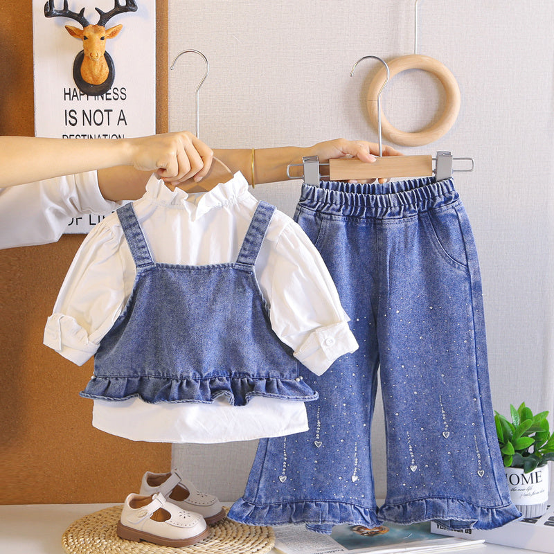 Girls' Spring and Autumn Outfit 2026 New Fashionable Casual Denim Beaded Strap Three-Piece Set for Kids
