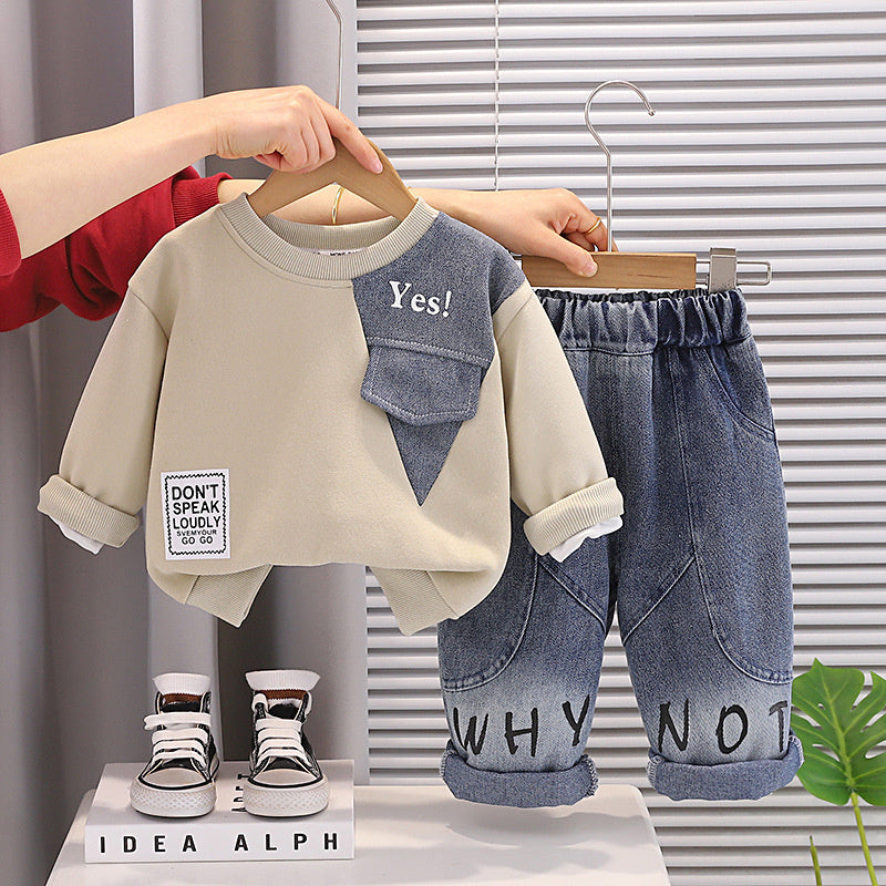 Boys' Spring and Outfit 2026 New Fashionable Letter Patchwork Sweatshirt Set Baby Autumn Toddler Clothes Children's Trendy Clothing