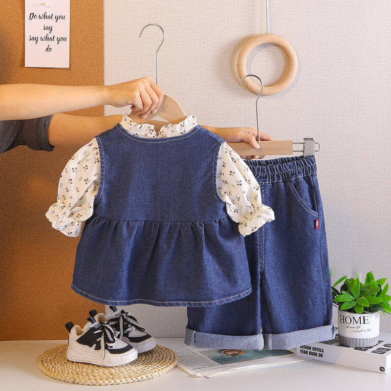 Girls' Floral Denim Spring and Autumn Vest Set 2026 Baby Stylish New Fashionable Children's Three-Piece Trendy Outfit