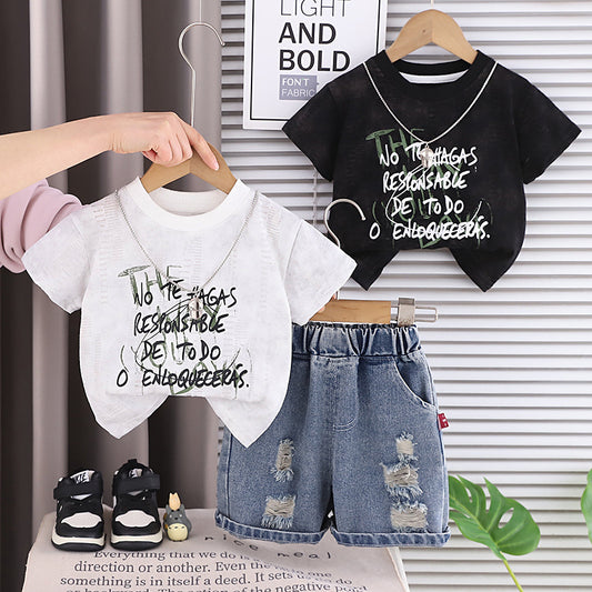 Stylish short-sleeve outfit baby boys, infant letter-print two-piece set, trendy summer suit for boys