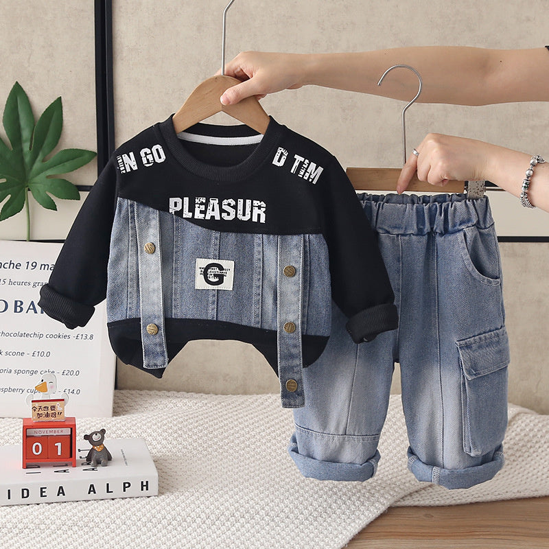 Boys' Autumn Outfit Set 2026 New Fashionable Children's Long-Sleeve Denim Patchwork Sweatshirt Two-Piece Spring/Autumn Clothing Trendy