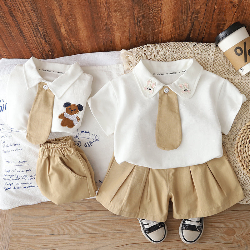Boys and girls outfit 2026 new style children's cute summer clothes baby cartoon tie short-sleeve two-piece set