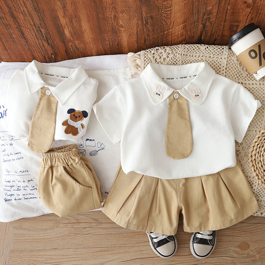 Boys and girls outfit 2026 new style children's cute summer clothes baby cartoon tie short-sleeve two-piece set