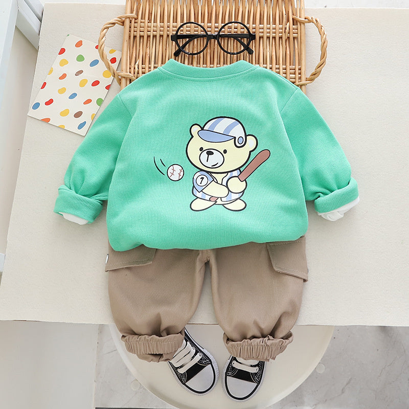 Autumn Children's New Three-Piece Comfortable Cardigan Cartoon Bear Print Long Sleeve Jacket Boys' Set Manufacturer Wholesale