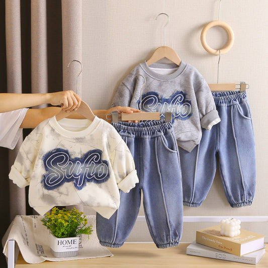Autumn and Fleece-Lined Outfit New Fashionable Infant Boys' Winter Clothing Thick Embroidered Letter Two-Piece Set