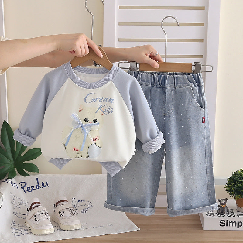 Girls' 2026 New Fashionable Spring and Autumn Outfit for Baby Girls, Trendy Children's Cake Bear Two-Piece Set