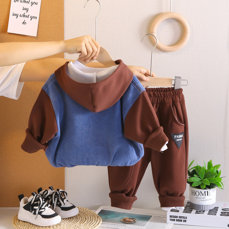Boys' 2025 New Korean Style Toddler Baby Spring and Autumn Patchwork Denim Hooded Sports Three-Piece Set