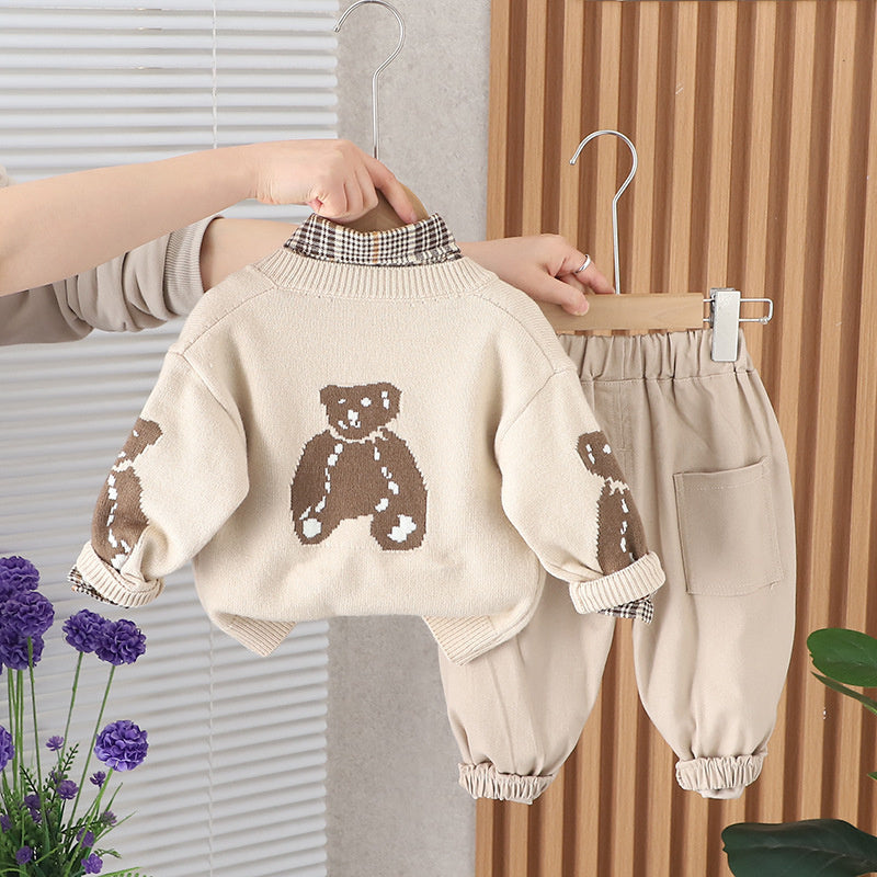 Baby Spring Outfit Stylish 1-4 Years Old Boys Bear Long Sleeve Sweater Three-Piece Set Infant Children's Clothing