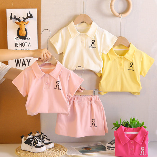 Children's Summer Outfit 2026 New Fashionable Girls' Baby Trendy Clothing Solid Color Short Sleeve Shorts Two-Piece Set